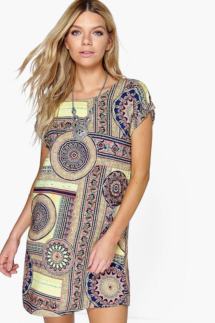 Boohoo Polly Cap Sleeve Printed Shift Dress Yellow