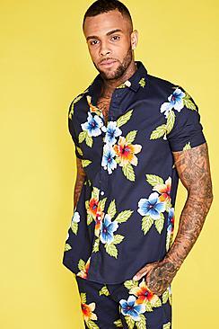 Boohoo Large Floral Print Short Sleeve Shirt Co-ord