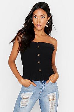 Boohoo Woven Shirred Button Bandeau