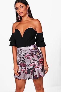 Boohoo Eden Floral Box Pleat Drop Hem Mini Skirt