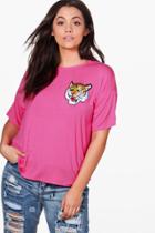 Boohoo Plus Jessie Tiger Applique Basic Tee Cerise