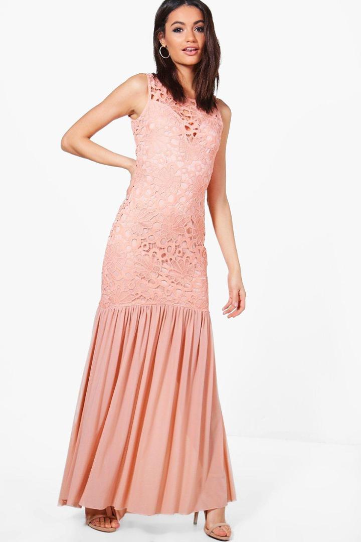 Boohoo Boutique Anna Crochet Peplum Maxi Dress Blush