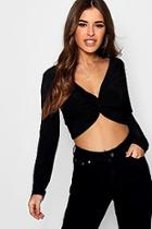 Boohoo Petite Laila Knot Front Long Sleeve Top