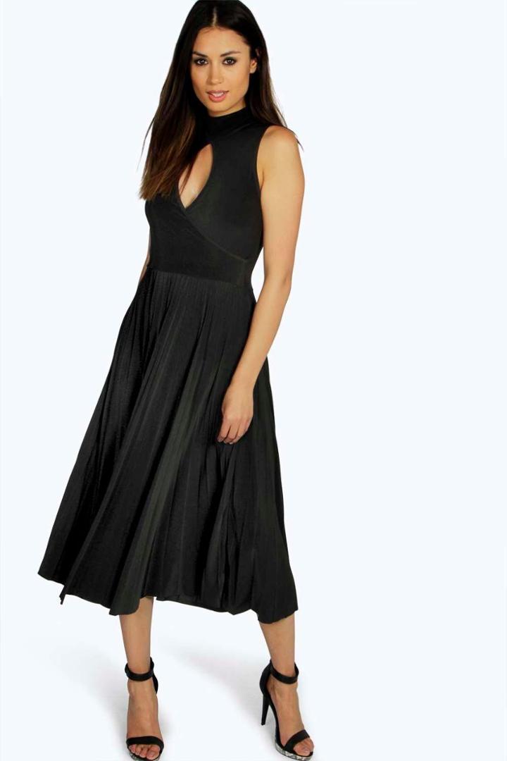 Boohoo Sally Keyhole Pleated Slinky Midi Dress Black