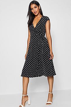 Boohoo Polka Dot And Ruffle Wrap Midi Dress
