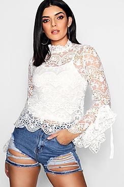 Boohoo Eliza Lace Flare Sleeve High Neck Top
