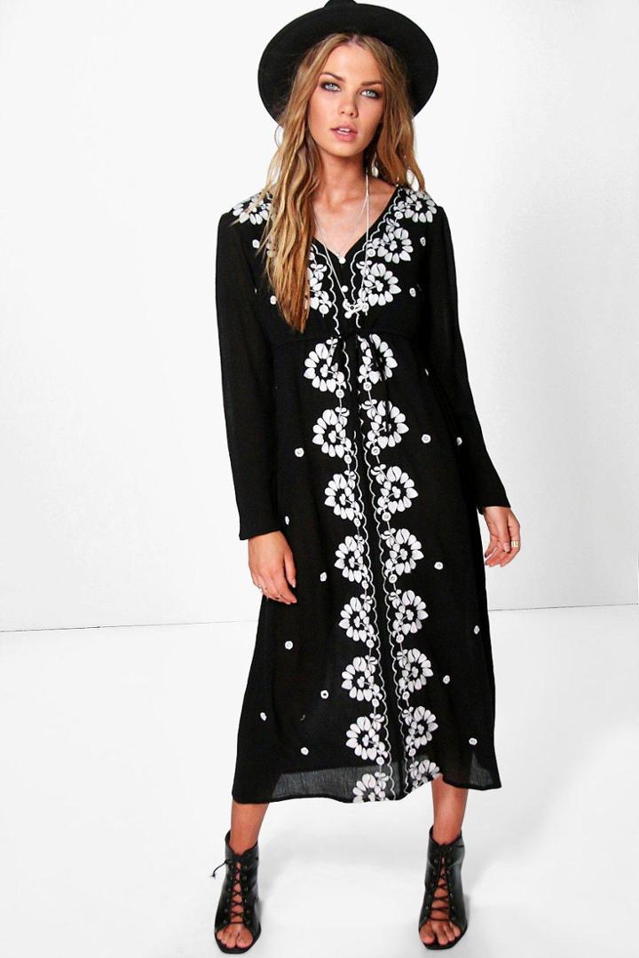 Boohoo Georgia Embroidered Midi Dress Black