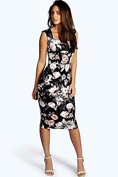 Boohoo Ivy Floral Print Sweetheart Midi Bodycon Dress