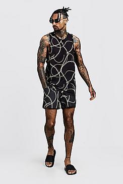 Boohoo All Over Chain Printed Drop Armhole Vest & Swim Short