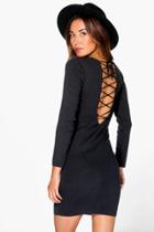 Boohoo Isla Premium Lace Up Rib Knit Midi Dress Black