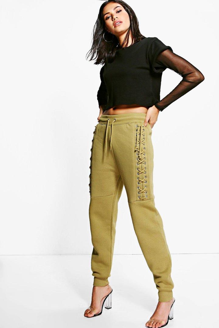 Boohoo Harper Lace Up Side Sweat Joggers Sage