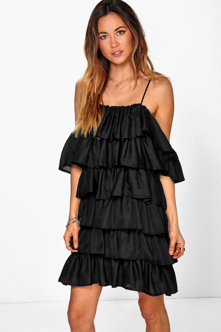 Boohoo Rosie Ruffle Cold Shoulder Strappy Dress Black