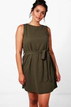 Boohoo Plus Lena Crepe Sleeveless Tie Waist Midi Dress Khaki