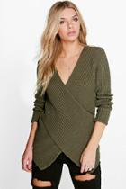 Boohoo Faye Cross Front V-neck Jumper Khaki