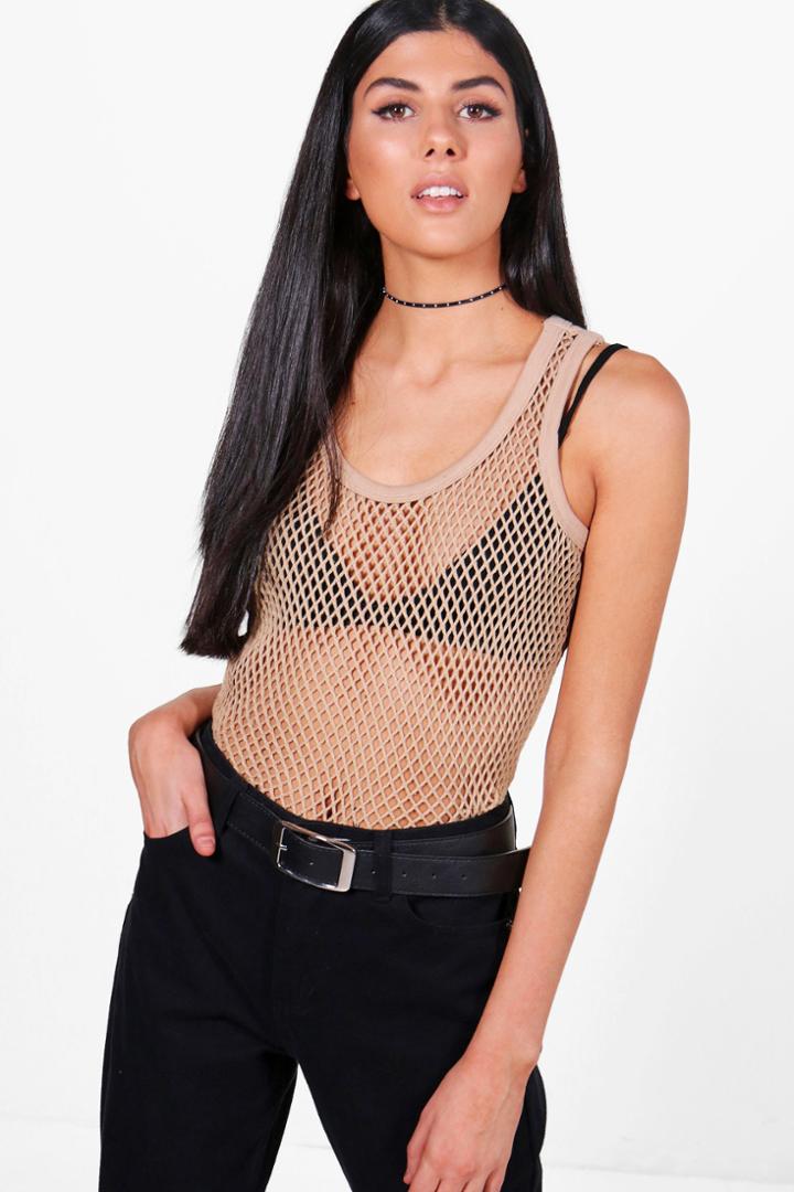 Boohoo Eva Fishnet Tank Top Stone