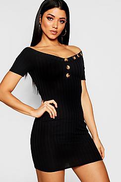Boohoo Rib Knit Bardot Button Dress