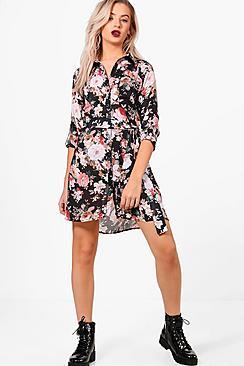 Boohoo Jody Floral Tie Waist Shirt Dress