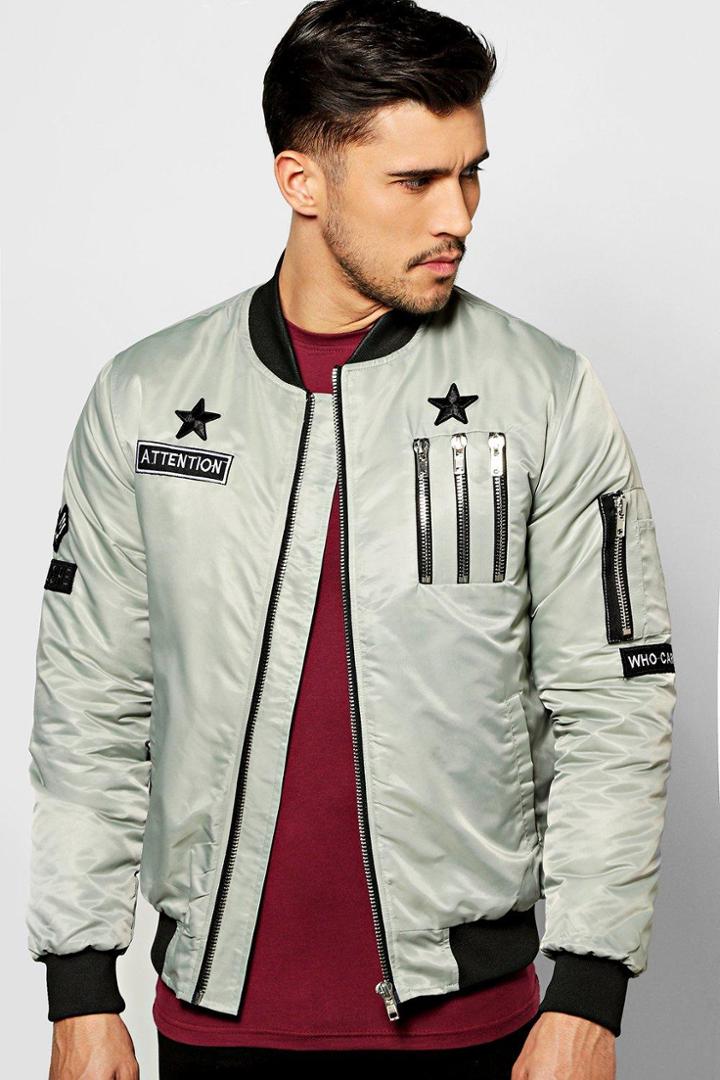 Boohoo Multi Badged & Zipped Ma1 Bomber Silver