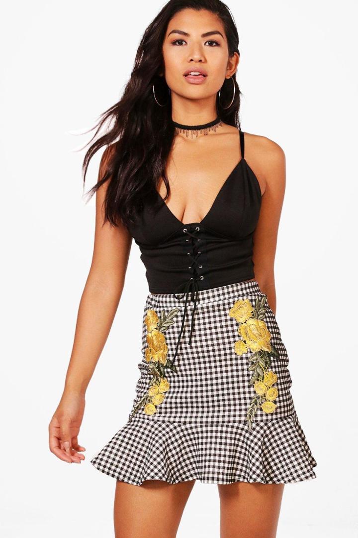Boohoo Anna Embroidered Gingham Drop Hem Mini Skirt Yellow