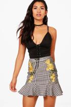 Boohoo Anna Embroidered Gingham Drop Hem Mini Skirt Yellow