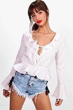 Boohoo Woven Ruffle Tie Front Blouse
