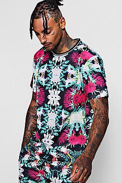 Boohoo Loose Sports Rib Mesh Floral Print T-shirt Co-ord