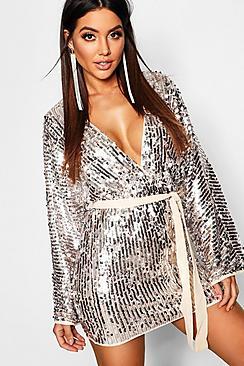 Boohoo Stripe Sequin Kimono Belted Bodycon Dress