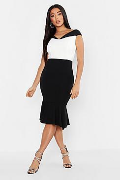 Boohoo Bardot Colour Block Fishtail Dress