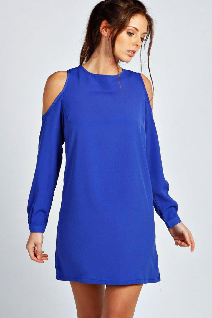 Boohoo Jen Solid Colour Open Shoulder Shift Dress Cobalt
