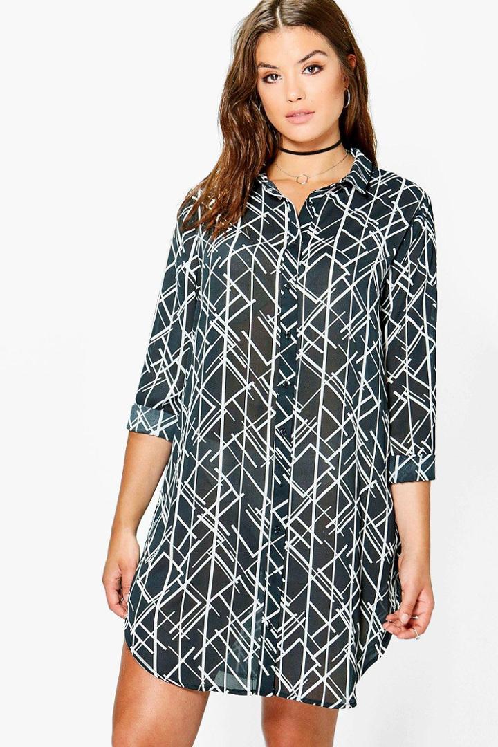 Boohoo Plus April Grid Print Shirt Dress Black