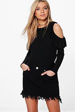 Boohoo Zoe Cold Shoulder Ruffle Rib T-shirt