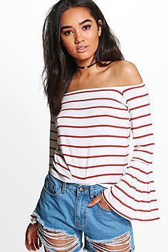 Boohoo Petite Eva Off The Shoulder Stripe Bell Sleeve Top