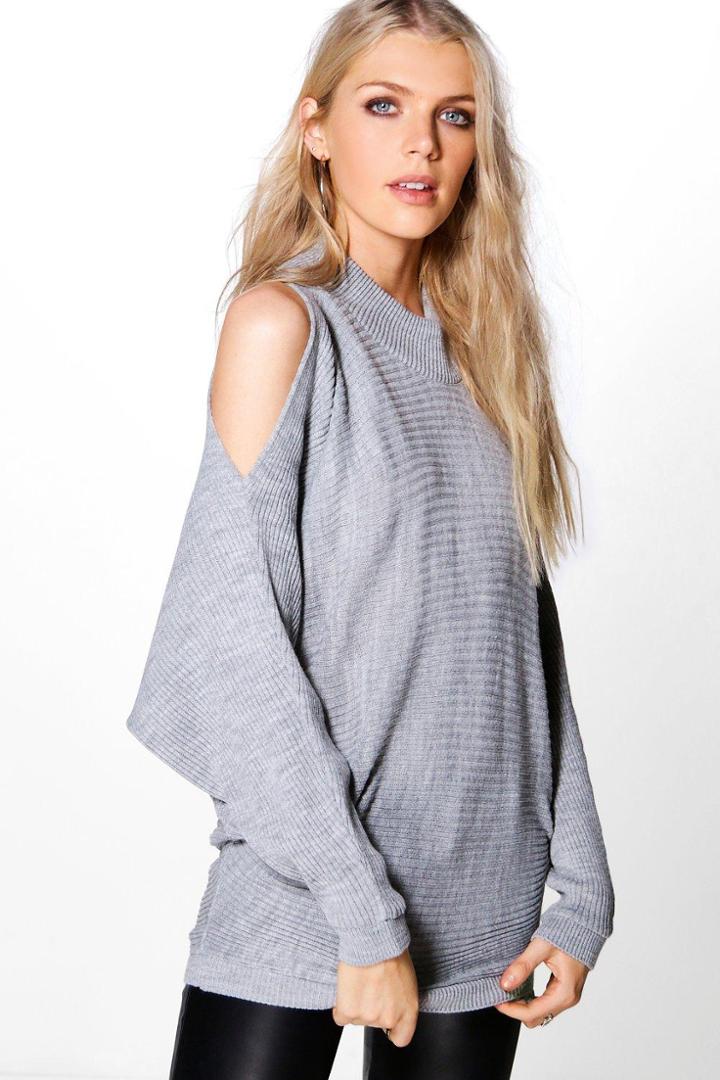Boohoo Bella Cold Shoulder Rib Knit Oversized Jumper Grey