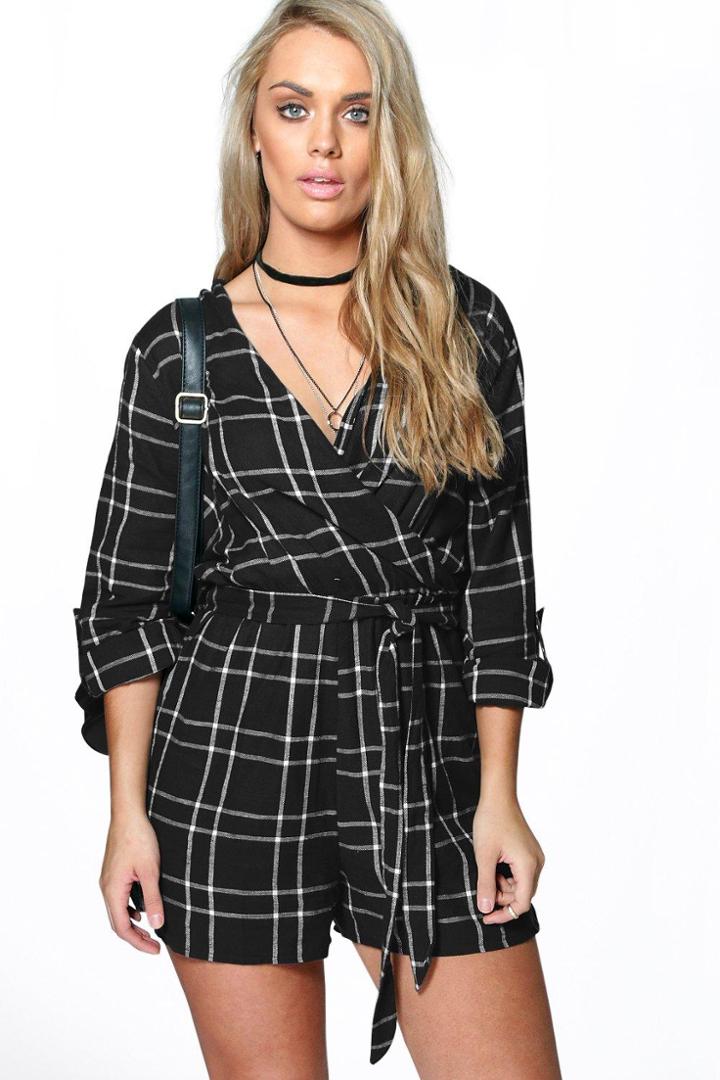Boohoo Plus Katie Checked Wrap Playsuit Multi