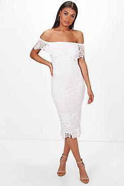 Boohoo Boutique Di Lace Off Shoulder Midi Dress