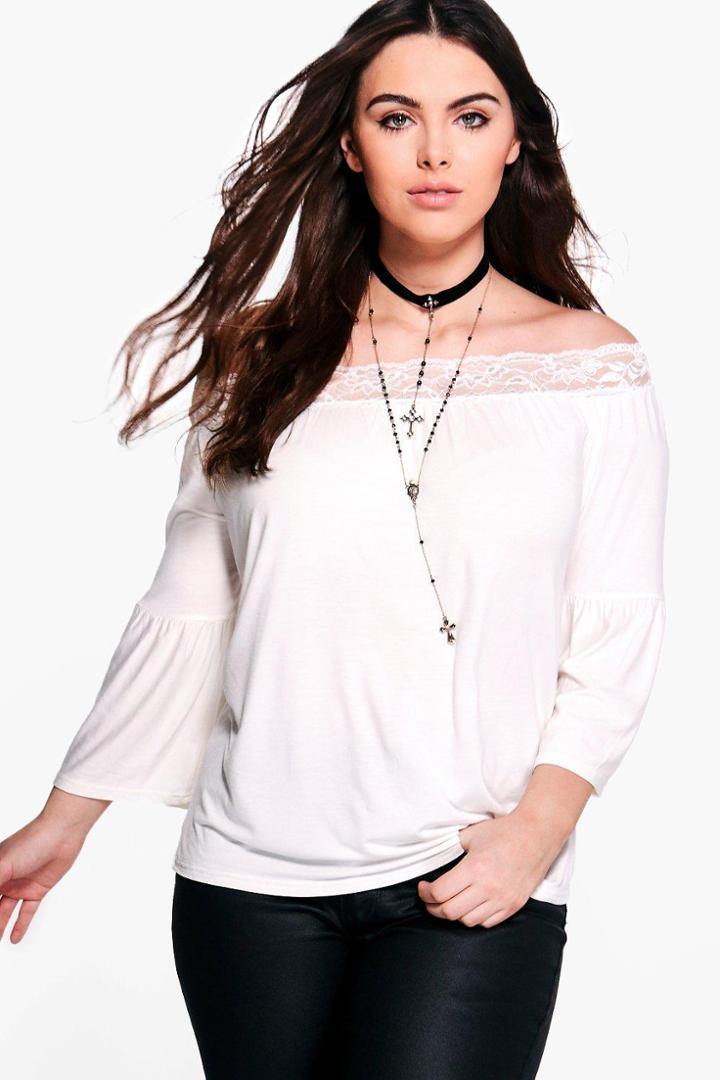 Boohoo Plus Evie Bardot Crochet Trim Top White