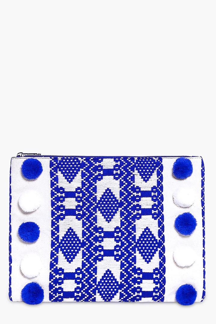 Boohoo Edie Pom Pom Aztec Clutch Bag Blue