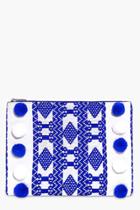 Boohoo Edie Pom Pom Aztec Clutch Bag Blue