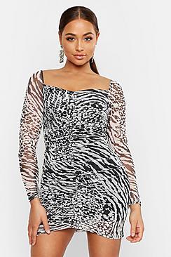 Boohoo Mesh Animal Print Ruched Dress