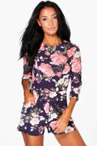 Boohoo Zoe Floral Print 3/4 Sleeve Playsuit Navy