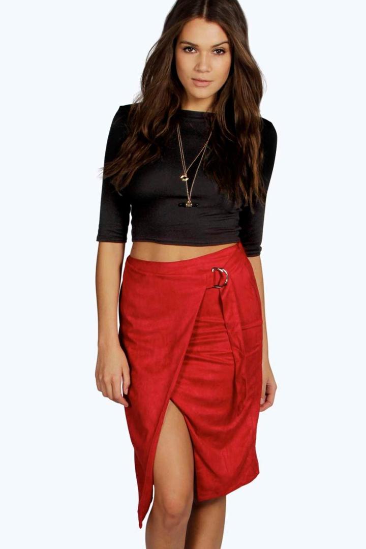 Boohoo Olivia Wrap Front D Ring Belted Suedette Skirt Wine