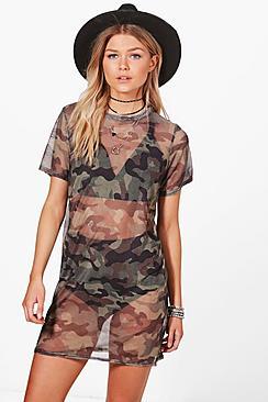 Boohoo Petite Lauren Camo Oversized T-shirt Dress