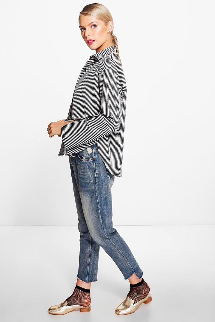 Boohoo Ellie Striped Contrast Cuff Shirt Black