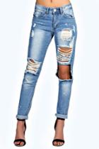 Boohoo Sara Relaxed Fit Open Knee Boyfriend Jeans Blue