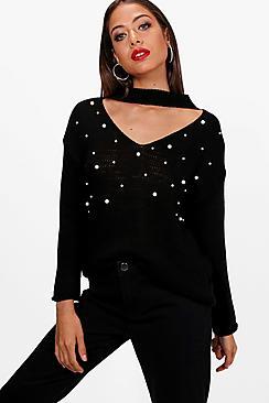 Boohoo Maya Pearl Front Chocker Jumper