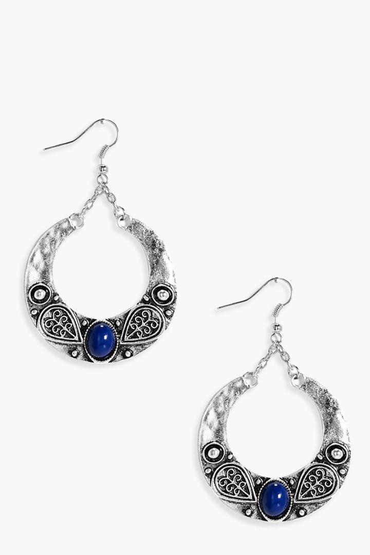 Boohoo Mia Stone Boho Hoop Earrings Silver
