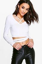 Boohoo Rebecca Rib Cross Strap Waist Tie Crop