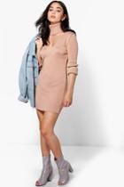 Boohoo Emilia Roll Neck Choker Dress Nude