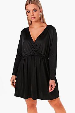 Boohoo Plus Natalie Slinky Wrap Over Skater Dress