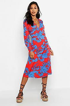 Boohoo Wrap Front Button Detail Midi Dress